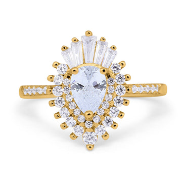 Art Deco Teardrop Pear Wedding Ring Yellow Tone, Simulated Cubic Zirconia 925 Sterling Silver